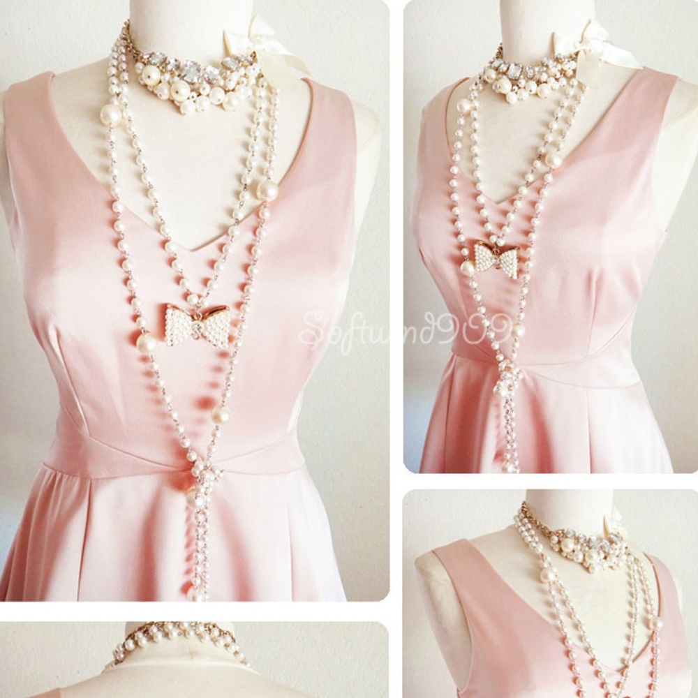 Pale Pink Soft Satin Classic V Neck Skater Dress - Picture 3 of 6